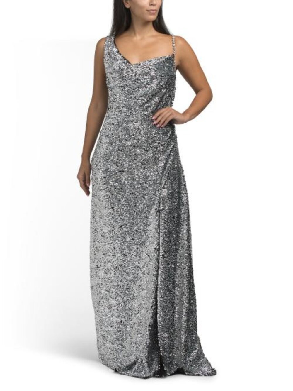 AREA Crystal Strap Sequin Gown